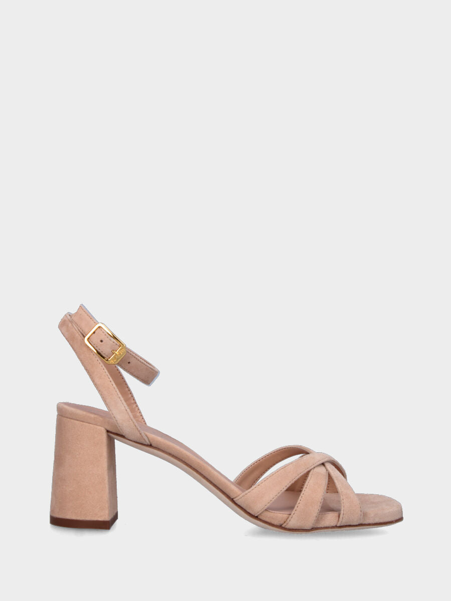 Sandalo beige in pelle con listini incrociati e cinturino alla caviglia