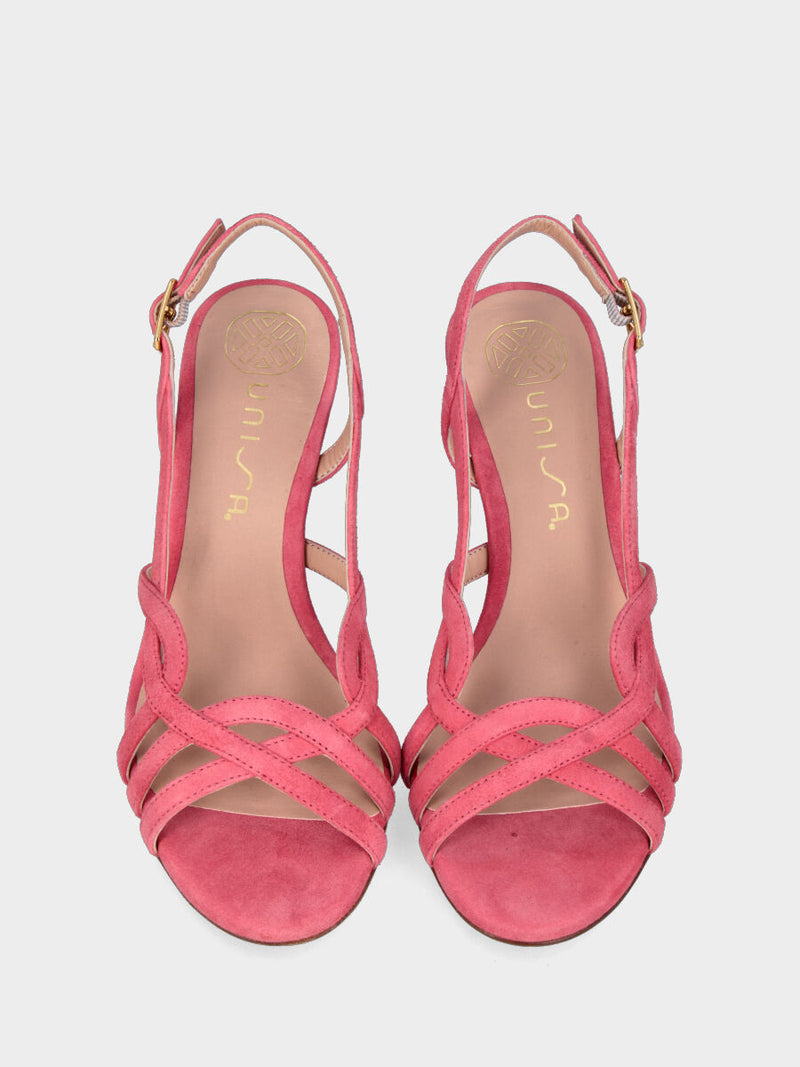 Sandalo rosa in pelle con listini ondulati e incrociati