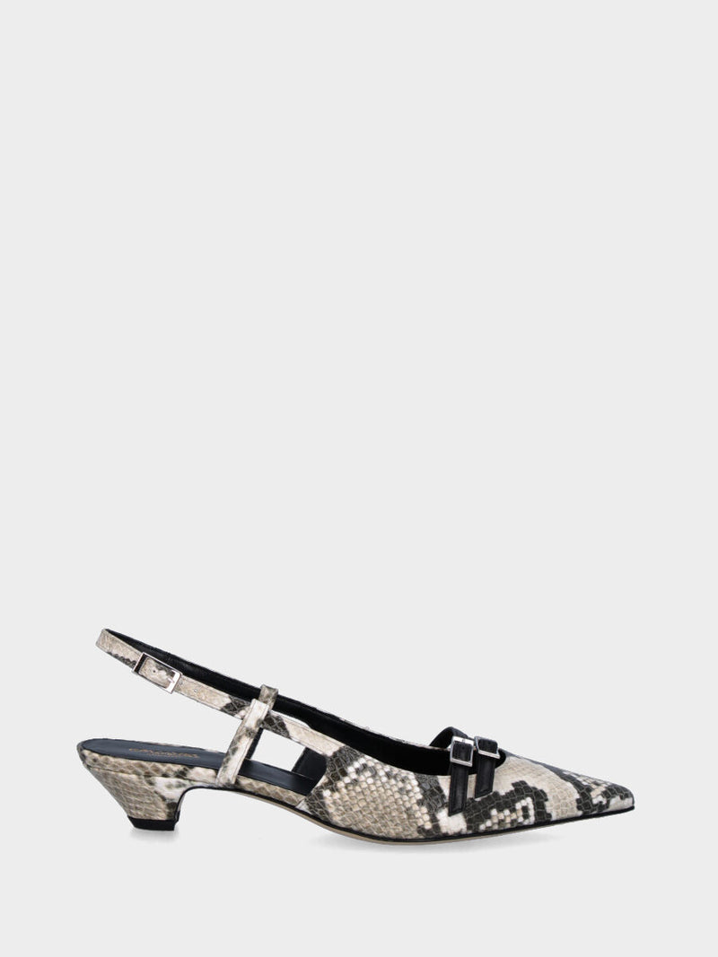 Slingback in stampa pitonata con tacco conico