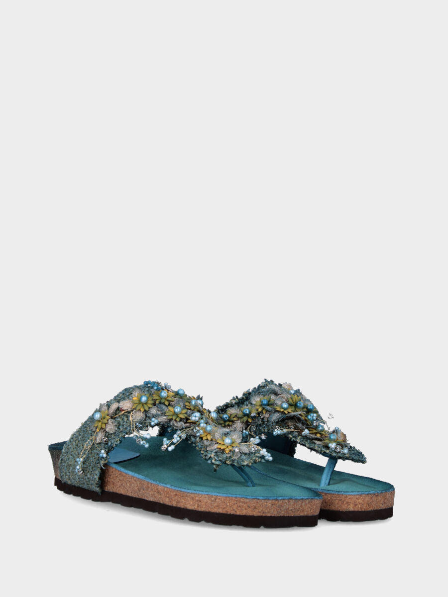 Blaue Riemchensandalen aus Raffia mit Blümchen- und Blätterband