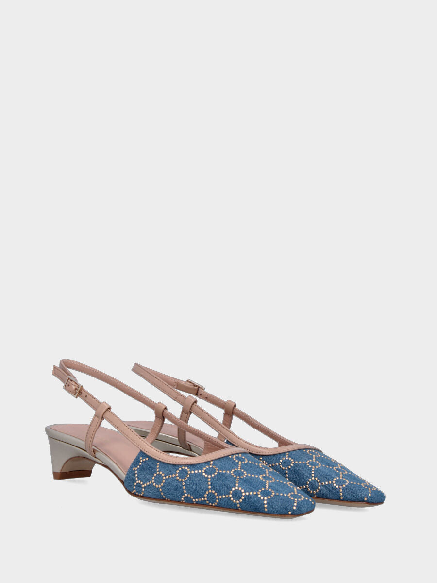 Slingbacks in tessuto color jeans con borchie geometriche e tacco conico
