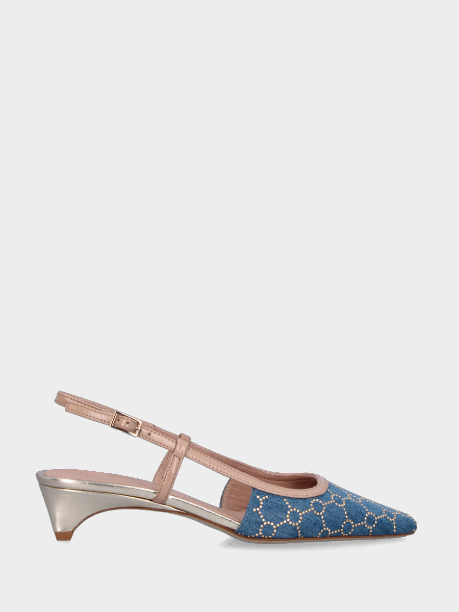 Slingbacks in tessuto color jeans con borchie geometriche e tacco conico