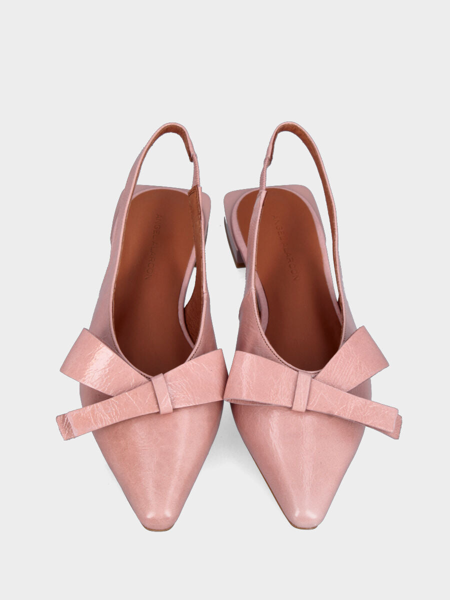 Slingback en vitello spazzolato rose avec nœud et bout carré effilé