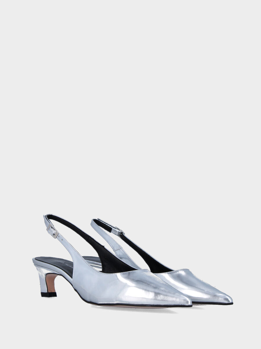 Silver laminated slingback with stiletto heel and pointed toe