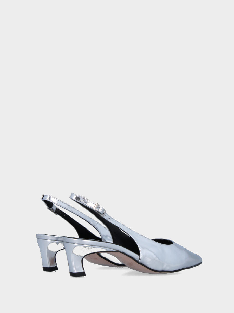 Silver laminated slingback with stiletto heel and pointed toe