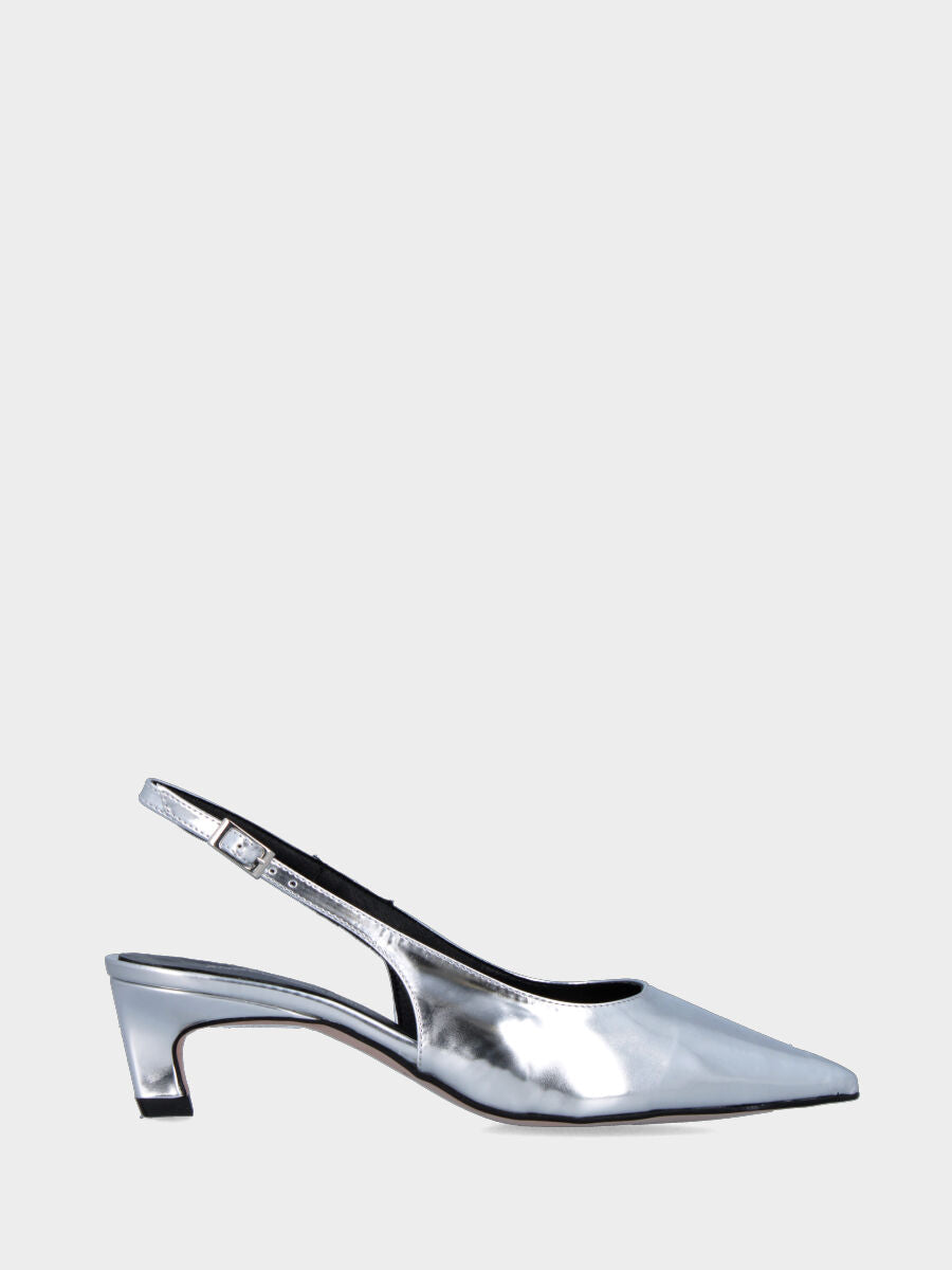 Silver laminated slingback with stiletto heel and pointed toe