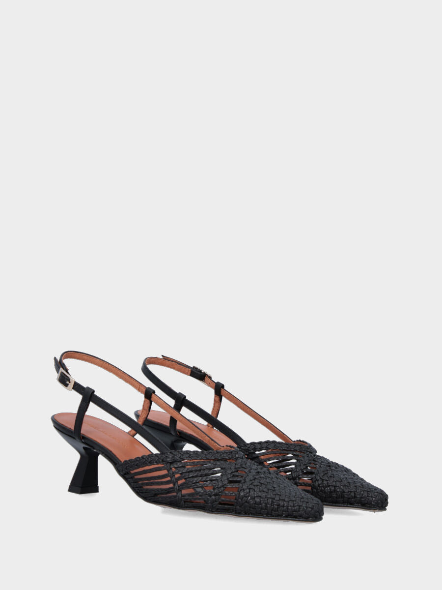 Black raffia slingback with weaving and spool heel