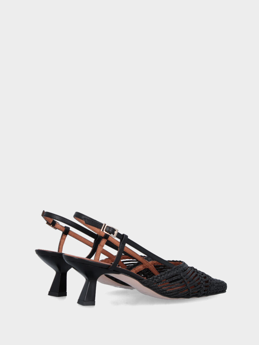 Black raffia slingback with weaving and spool heel
