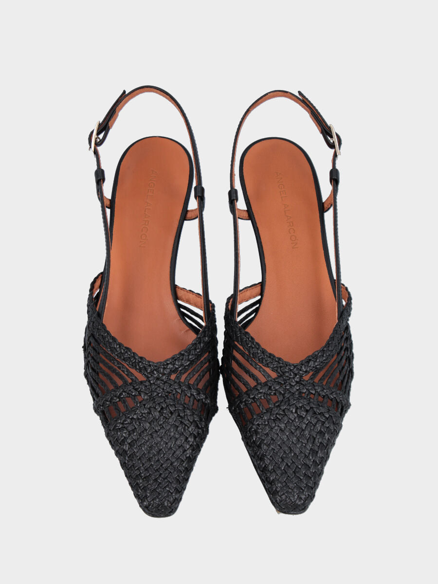Black raffia slingback with weaving and spool heel