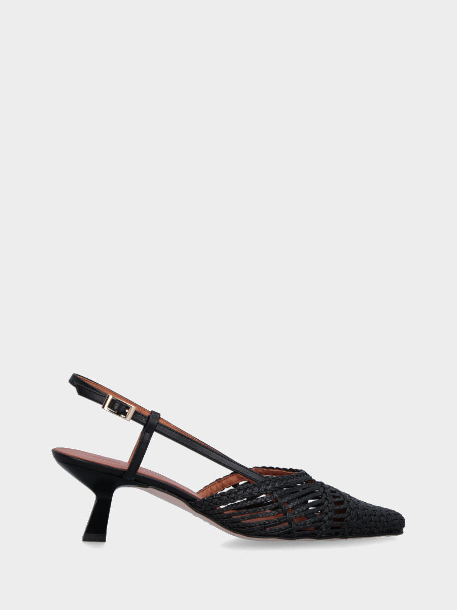 Black raffia slingback with weaving and spool heel