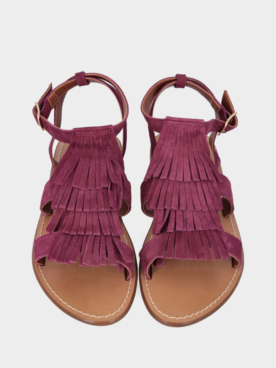 Sandalo in velour bordeaux con tripla frangia e tacco flat