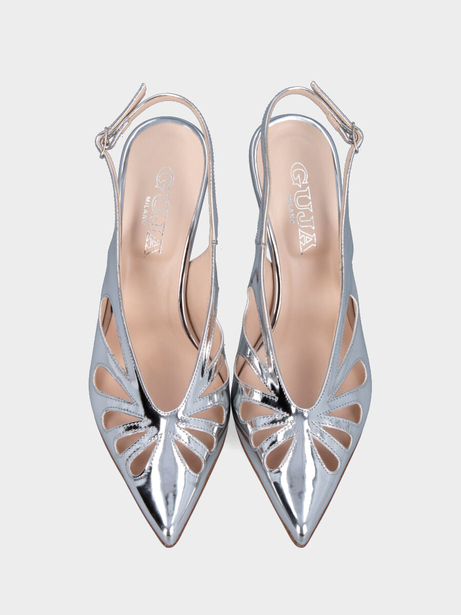 Slingback aus silbernem Laminat mit offenem Tropfen-Oberschuh