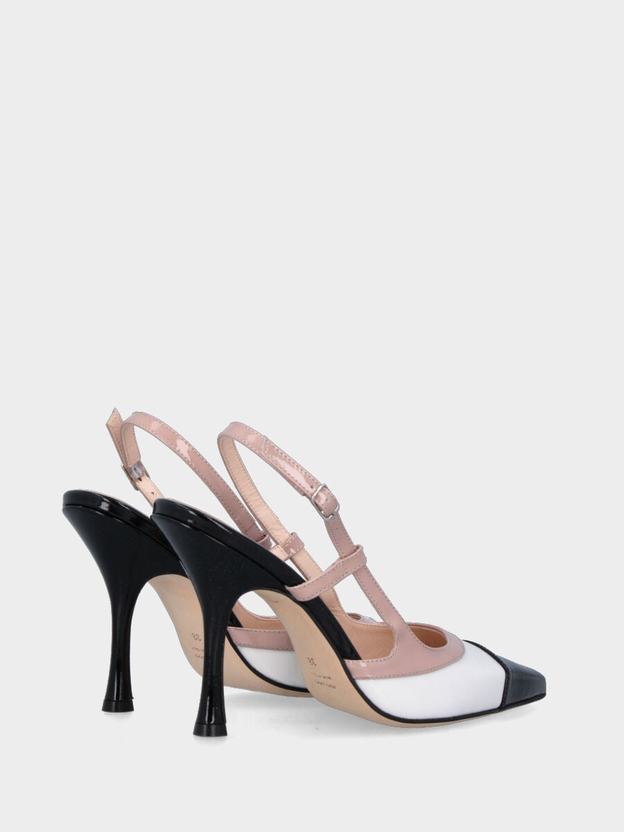 Slingback in vernice bianca e nera con profili beige e tacco a calice