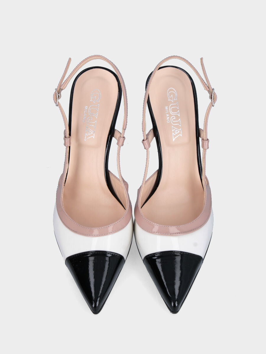 Slingback in vernice bianca e nera con profili beige e tacco a calice