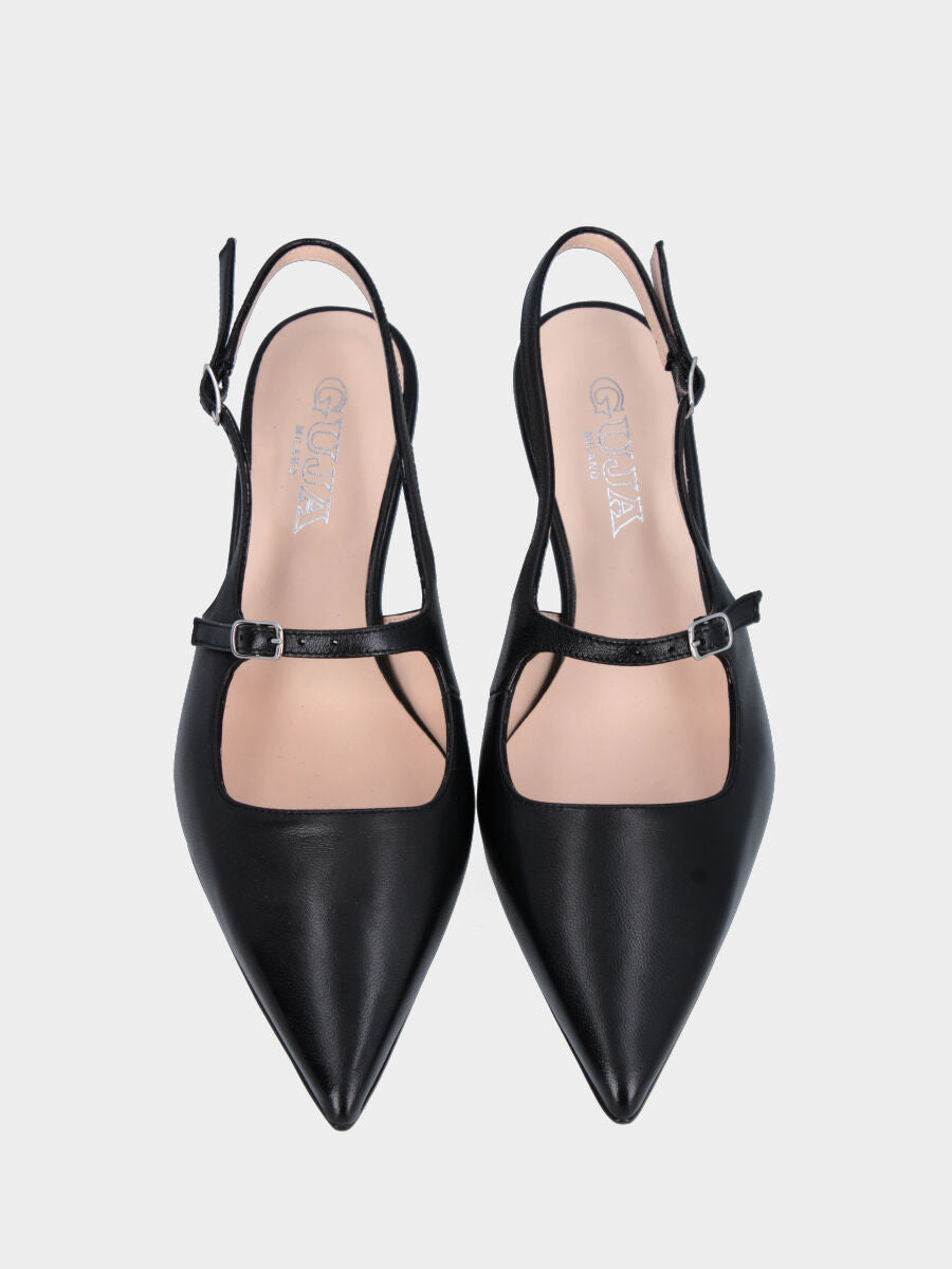 Slingback in nappa nera con cinturino sul collo e tacco a calice