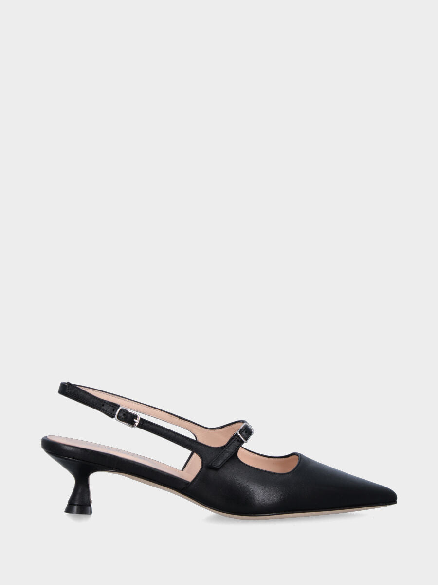 Slingback in nappa nera con cinturino sul collo e tacco a calice