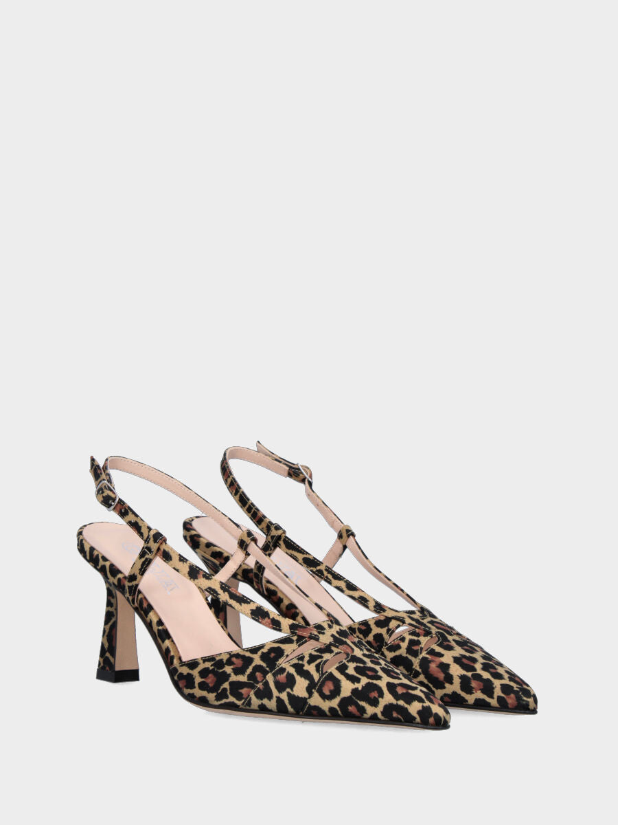 Slingback en tissu léopard avec empeigne à volants et talon en forme de calice