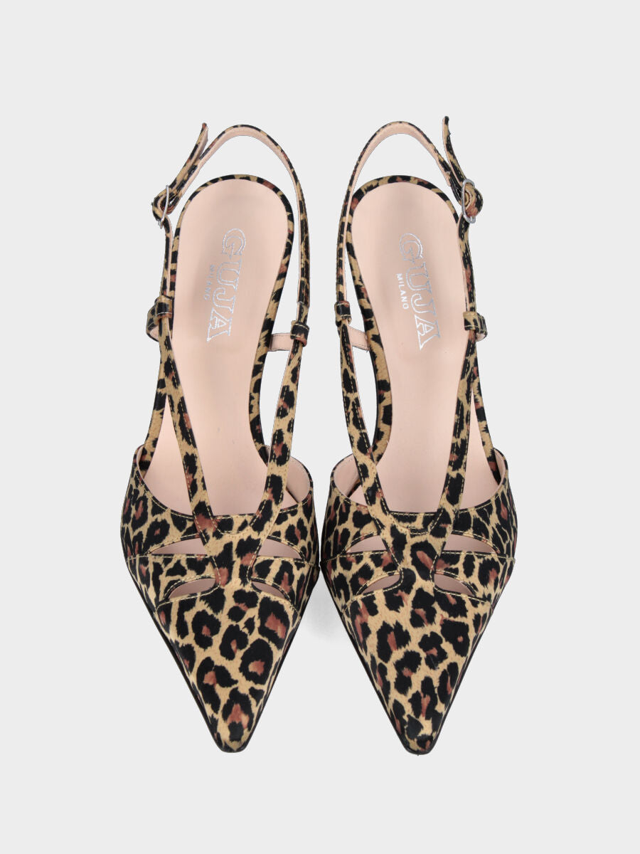 Slingback en tissu léopard avec empeigne à volants et talon en forme de calice