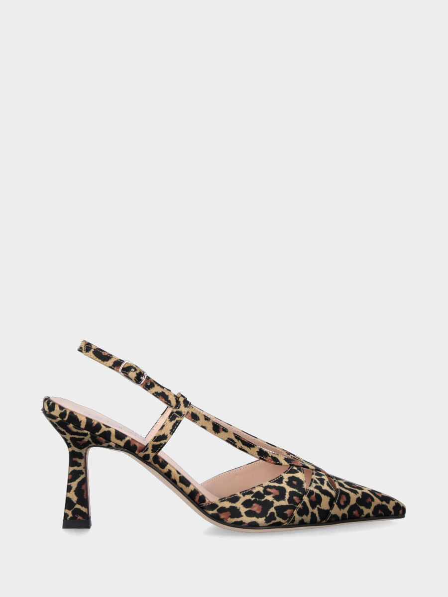 Slingback en tissu léopard avec empeigne à volants et talon en forme de calice