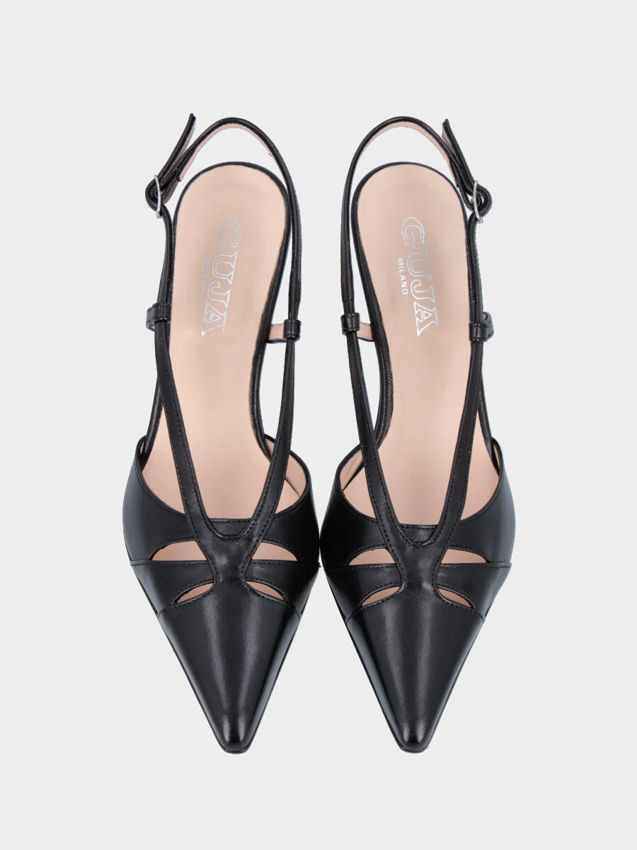 Black nappa slingback with ruffled upper and chalice heel