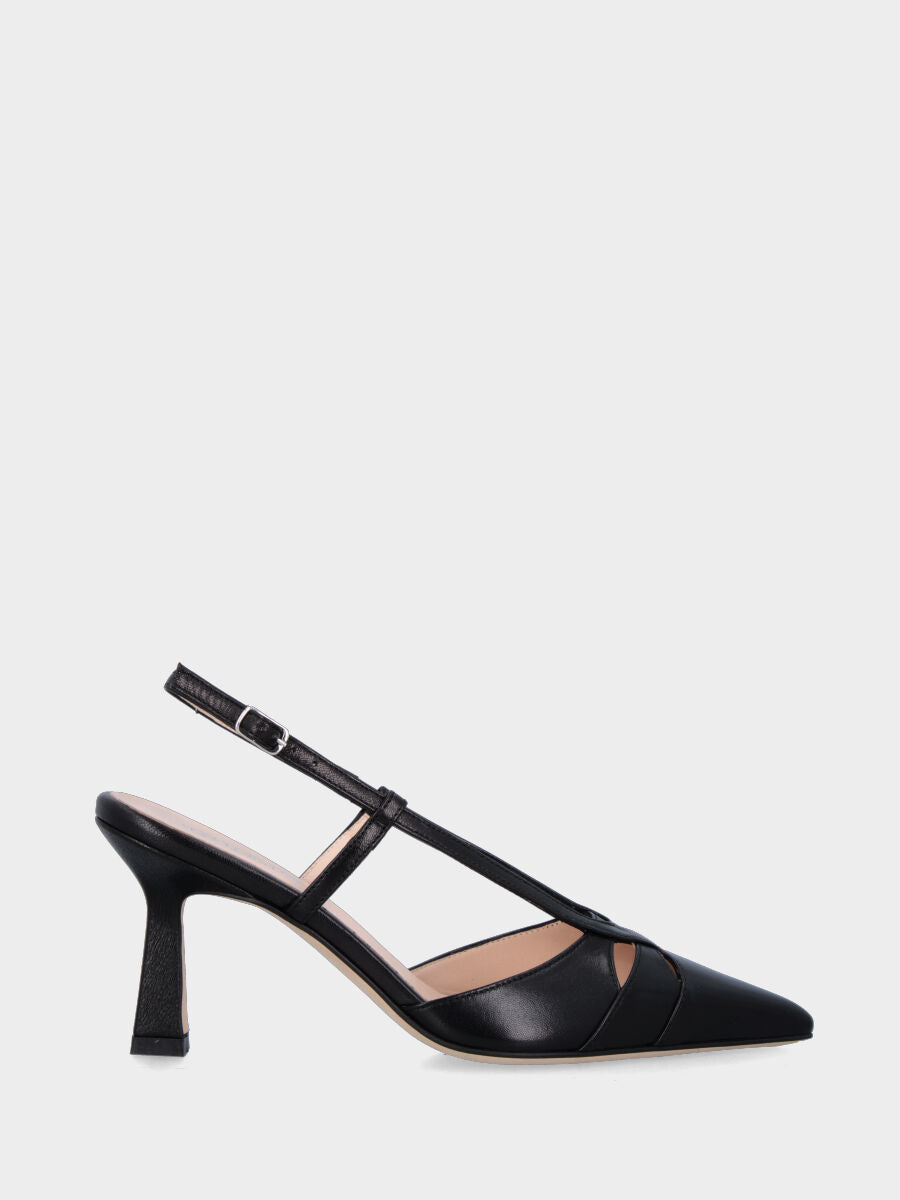 Black nappa slingback with ruffled upper and chalice heel