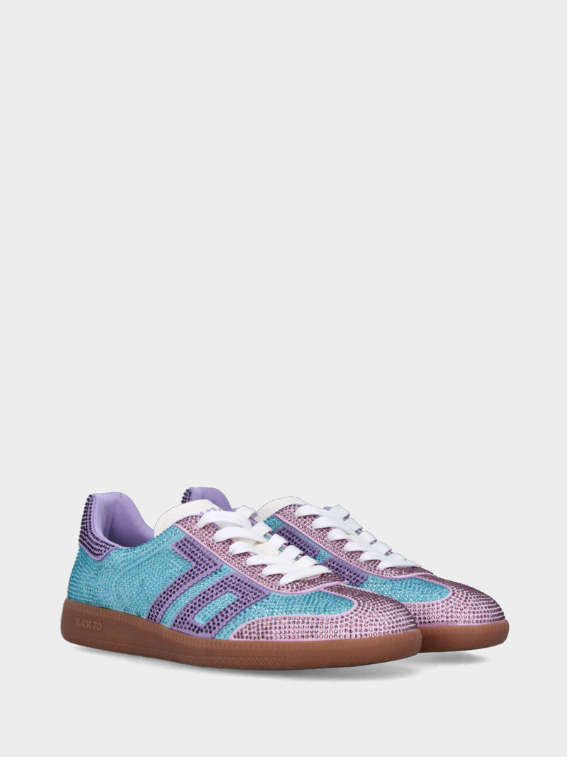 Sneaker in camoscio azzurro e swarovski con dettagli lilla e rosa