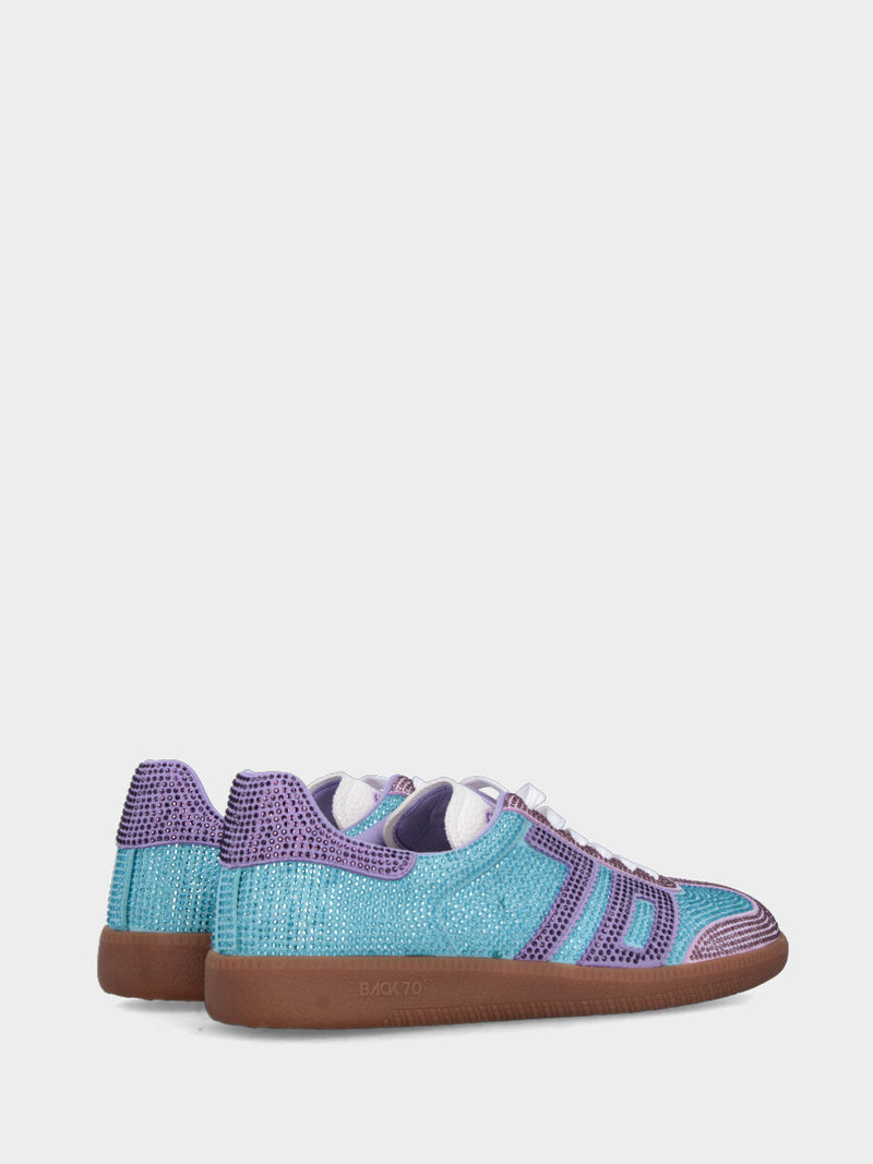 Sneaker in camoscio azzurro e swarovski con dettagli lilla e rosa