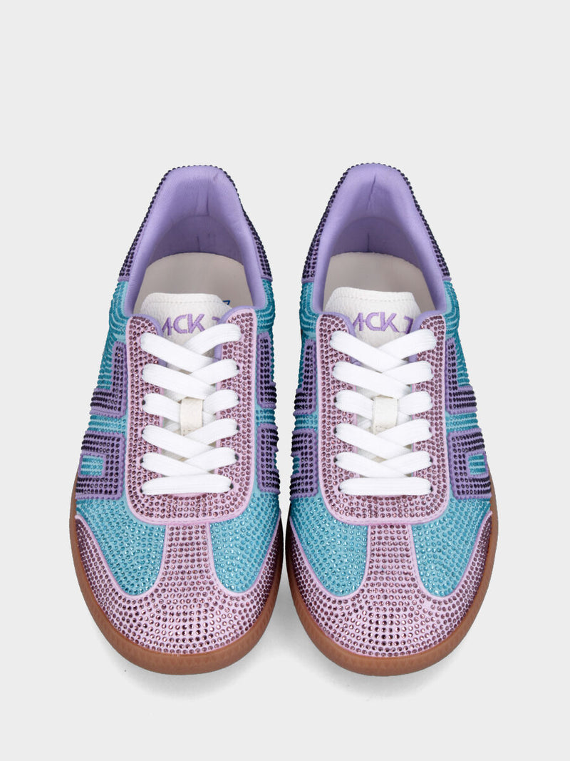 Sneaker in camoscio azzurro e swarovski con dettagli lilla e rosa