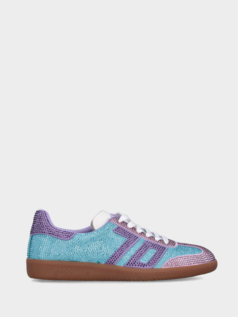Sneaker in camoscio azzurro e swarovski con dettagli lilla e rosa