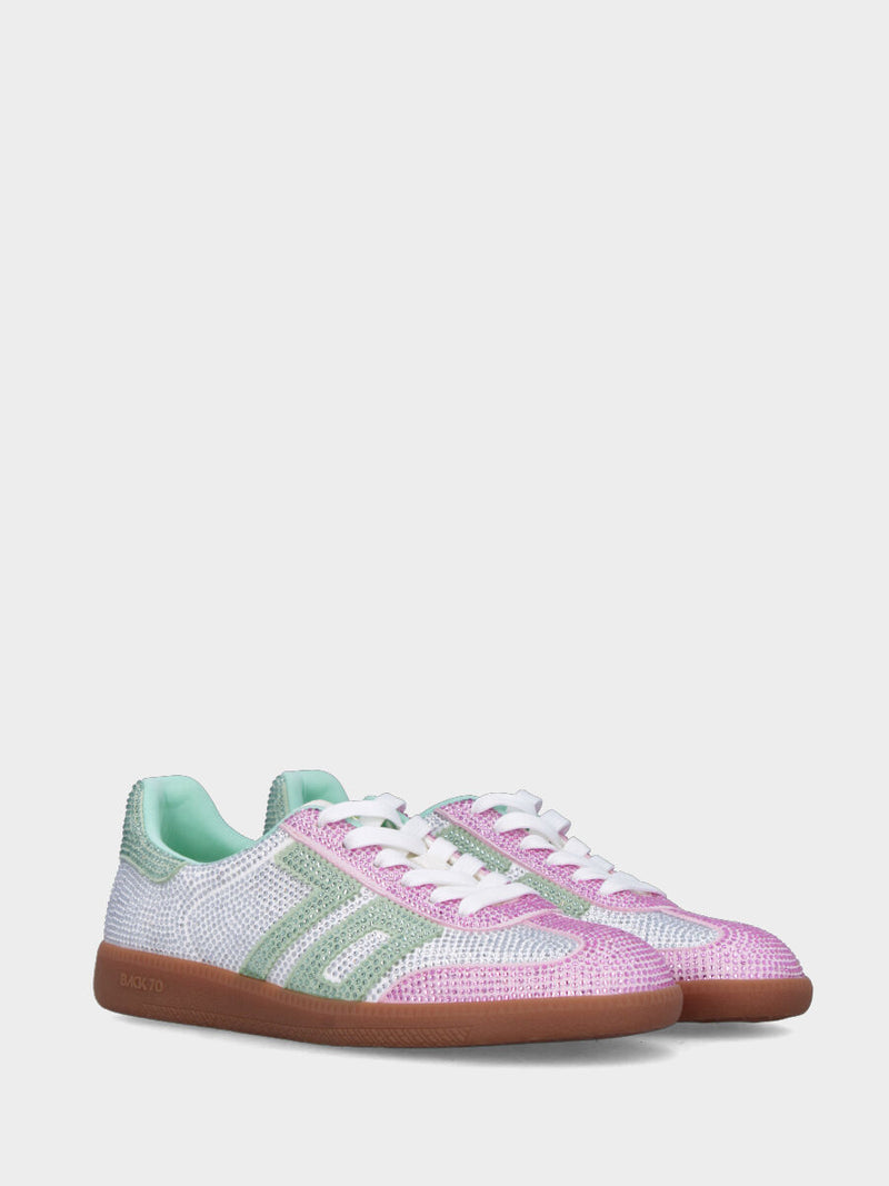 Sneaker in camoscio argento con swarovski e inserti verde salvia e rosa