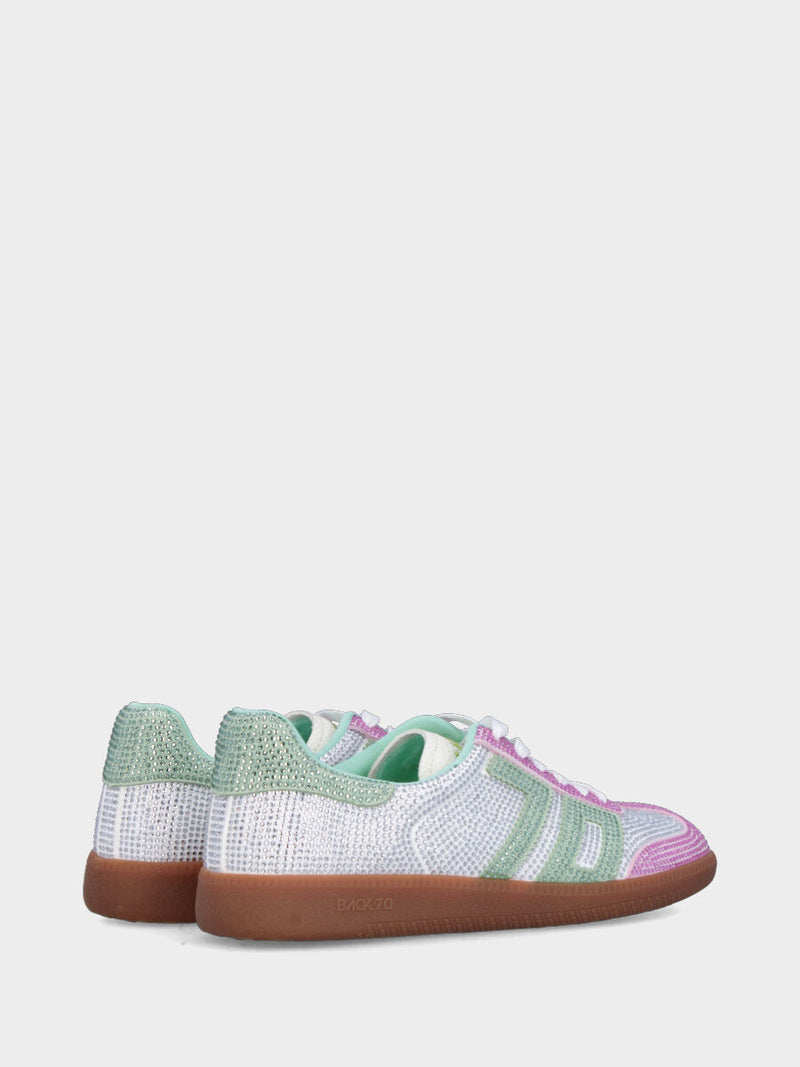 Sneaker in camoscio argento con swarovski e inserti verde salvia e rosa
