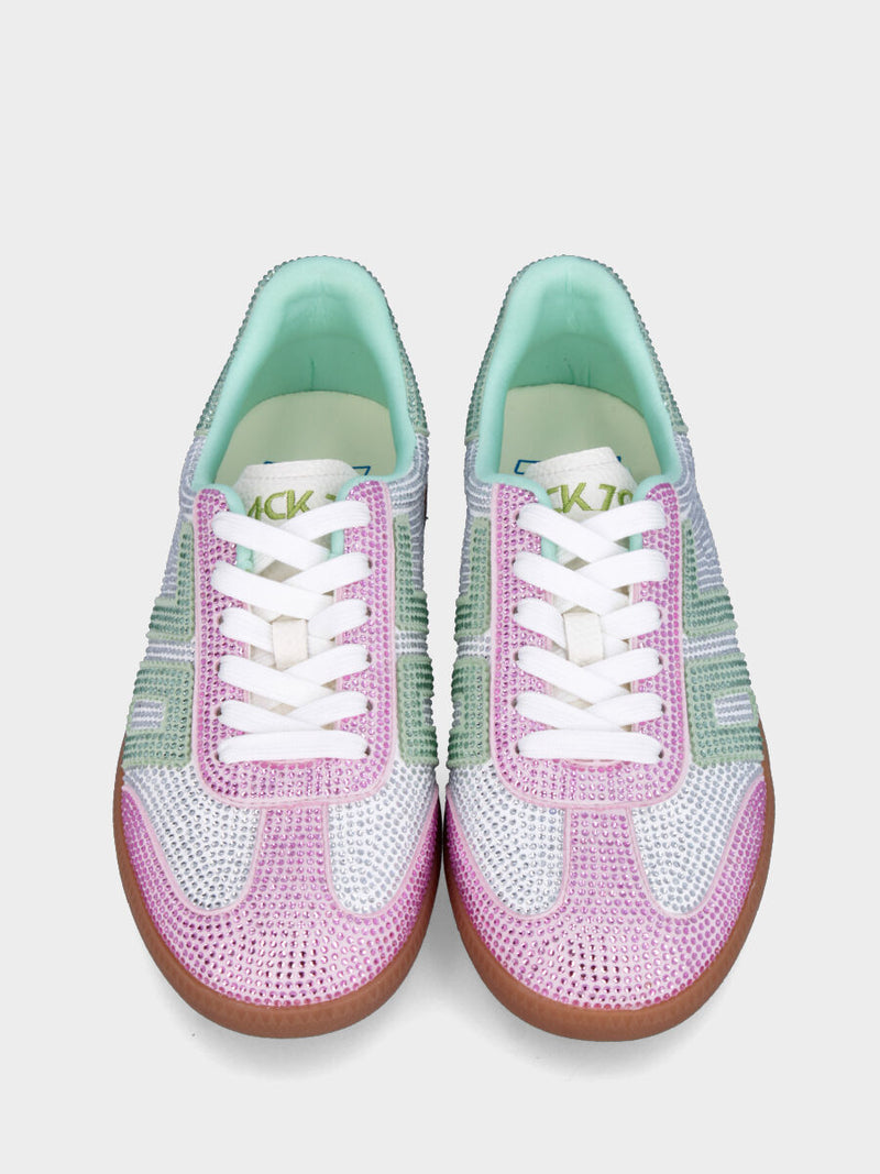 Sneaker in camoscio argento con swarovski e inserti verde salvia e rosa