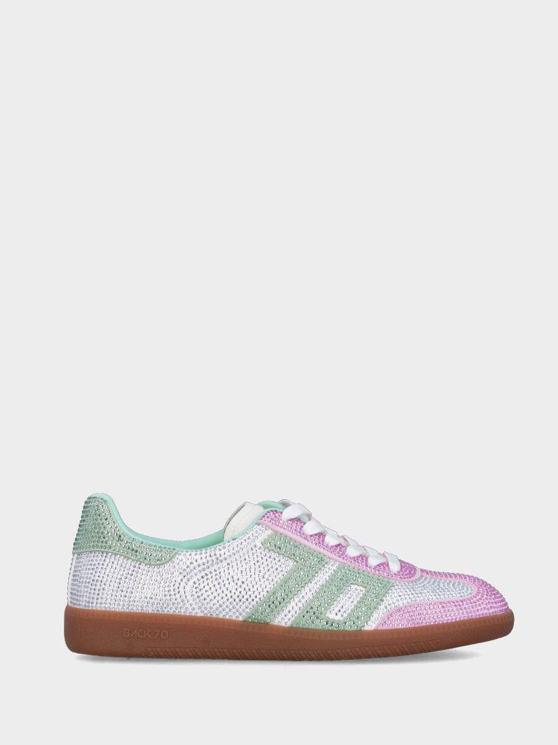 Sneaker in camoscio argento con swarovski e inserti verde salvia e rosa