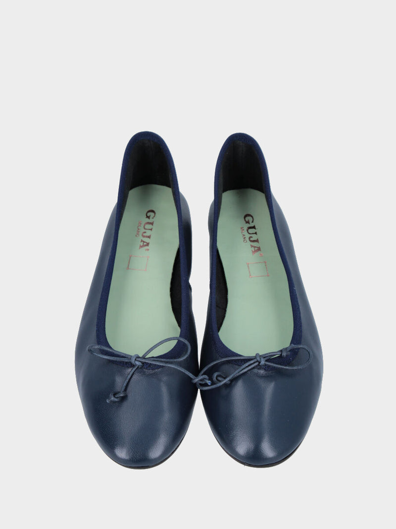 Ballerina in nappa blu con fiocchetto e suola in gomma