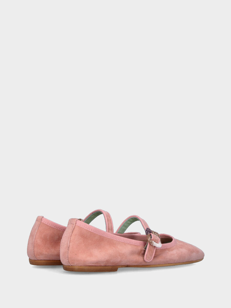 Ballerina Mary Jane in camoscio rosa con fibbia in spago