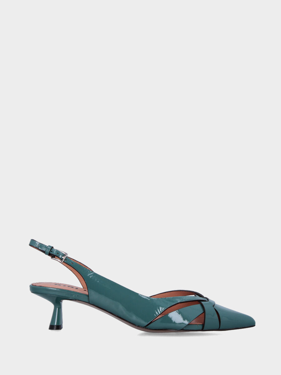 Slingback in vernice ottanio con listini incrociati e tacco a calice