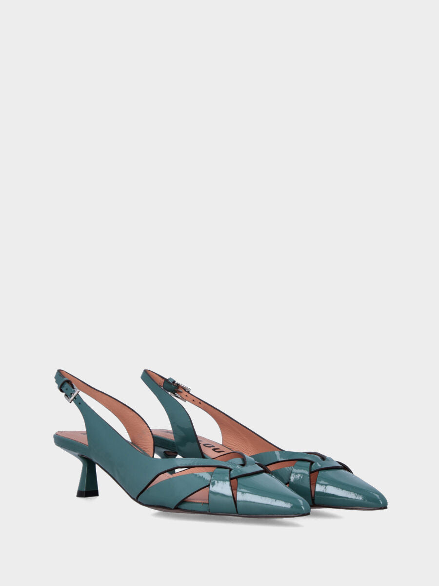 Slingback in vernice ottanio con listini incrociati e tacco a calice