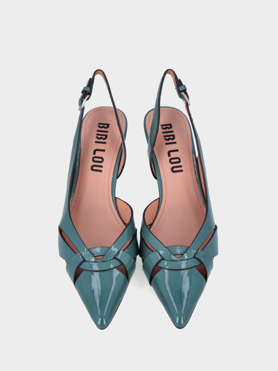 Slingback in vernice ottanio con listini incrociati e tacco a calice