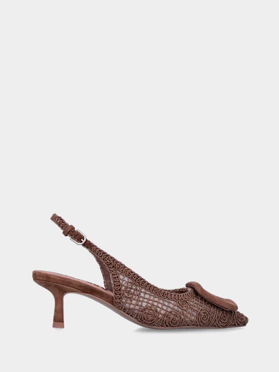 Slingback in rete di cotone e tulle marrone e accessorio in punta