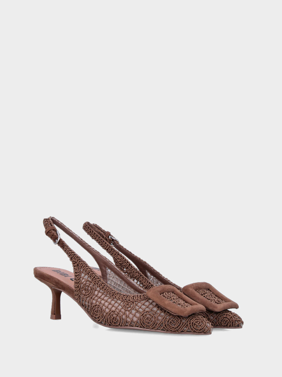 Slingback in rete di cotone e tulle marrone e accessorio in punta