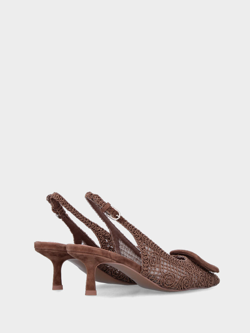 Slingback in rete di cotone e tulle marrone e accessorio in punta