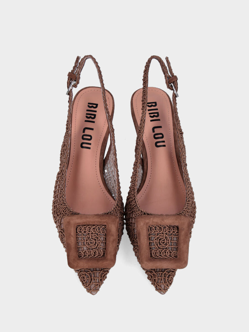 Slingback in rete di cotone e tulle marrone e accessorio in punta