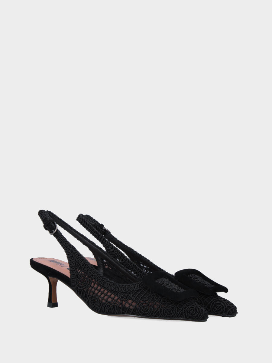 Slingback in rete di cotone e tulle nero e accessorio in punta