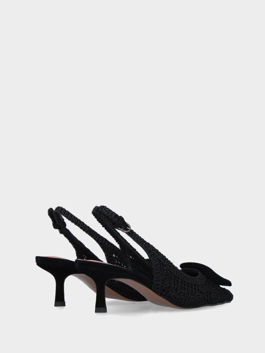 Slingback in rete di cotone e tulle nero e accessorio in punta