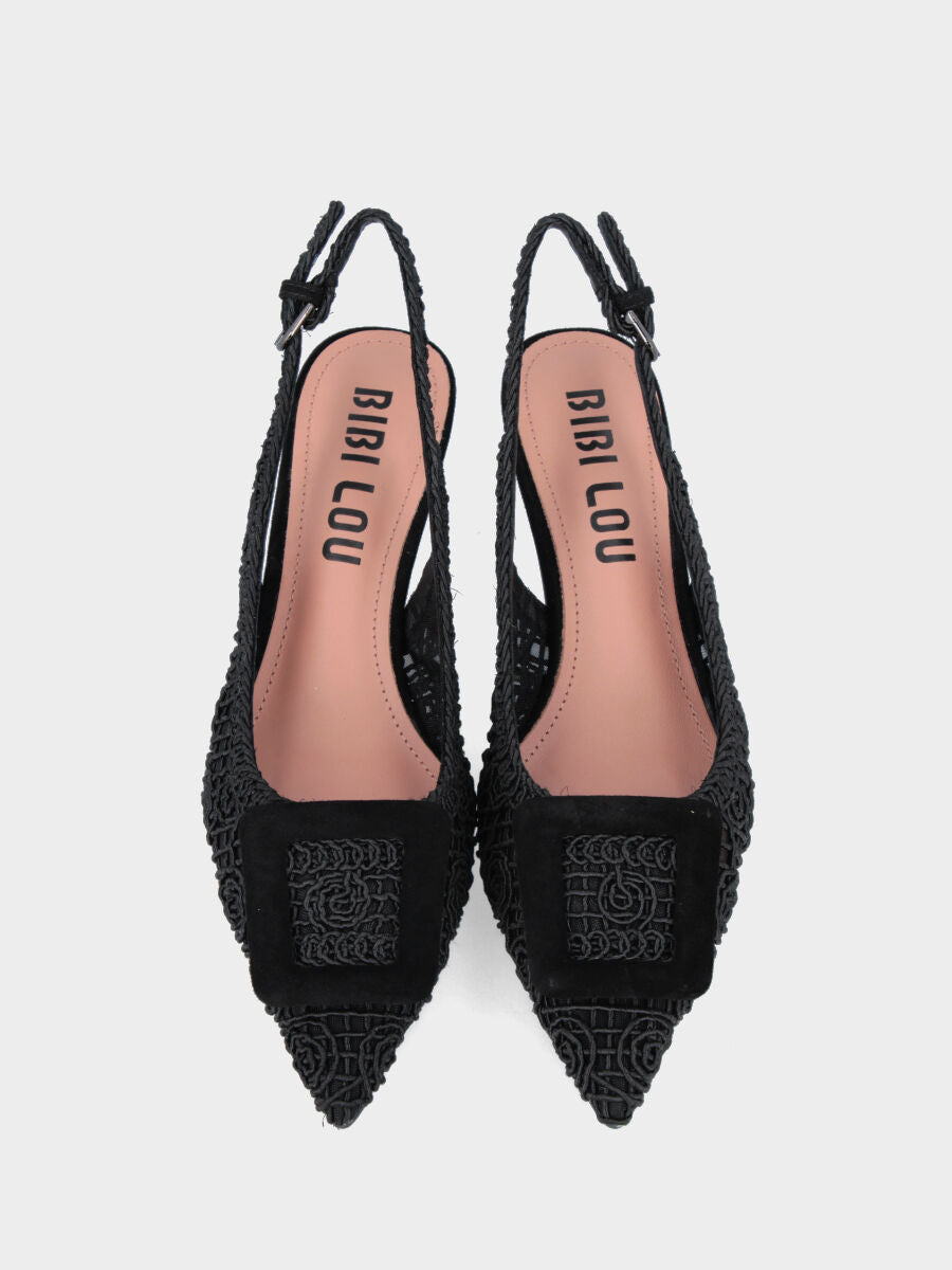 Slingback in rete di cotone e tulle nero e accessorio in punta