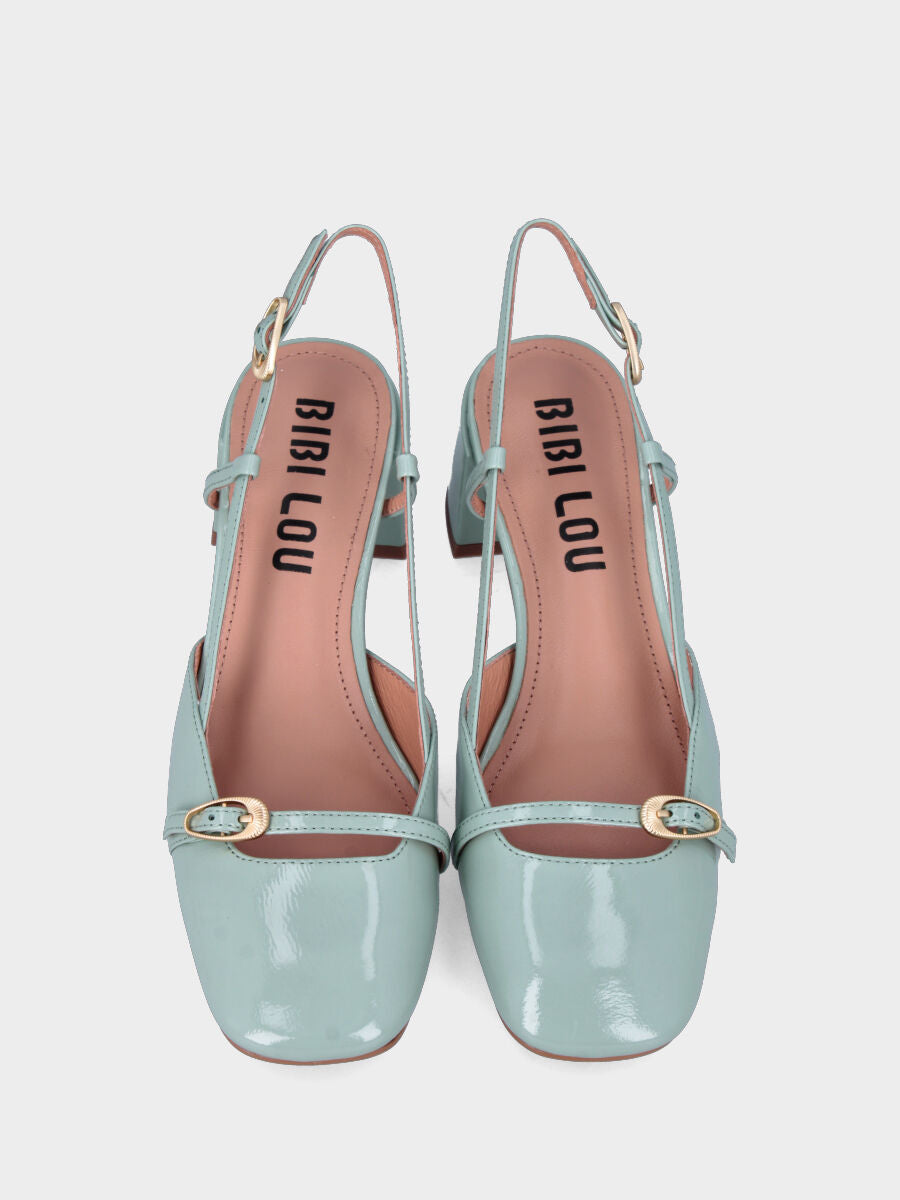 Slingback in vernice verde menta con cinturino e punta quadrata stondata