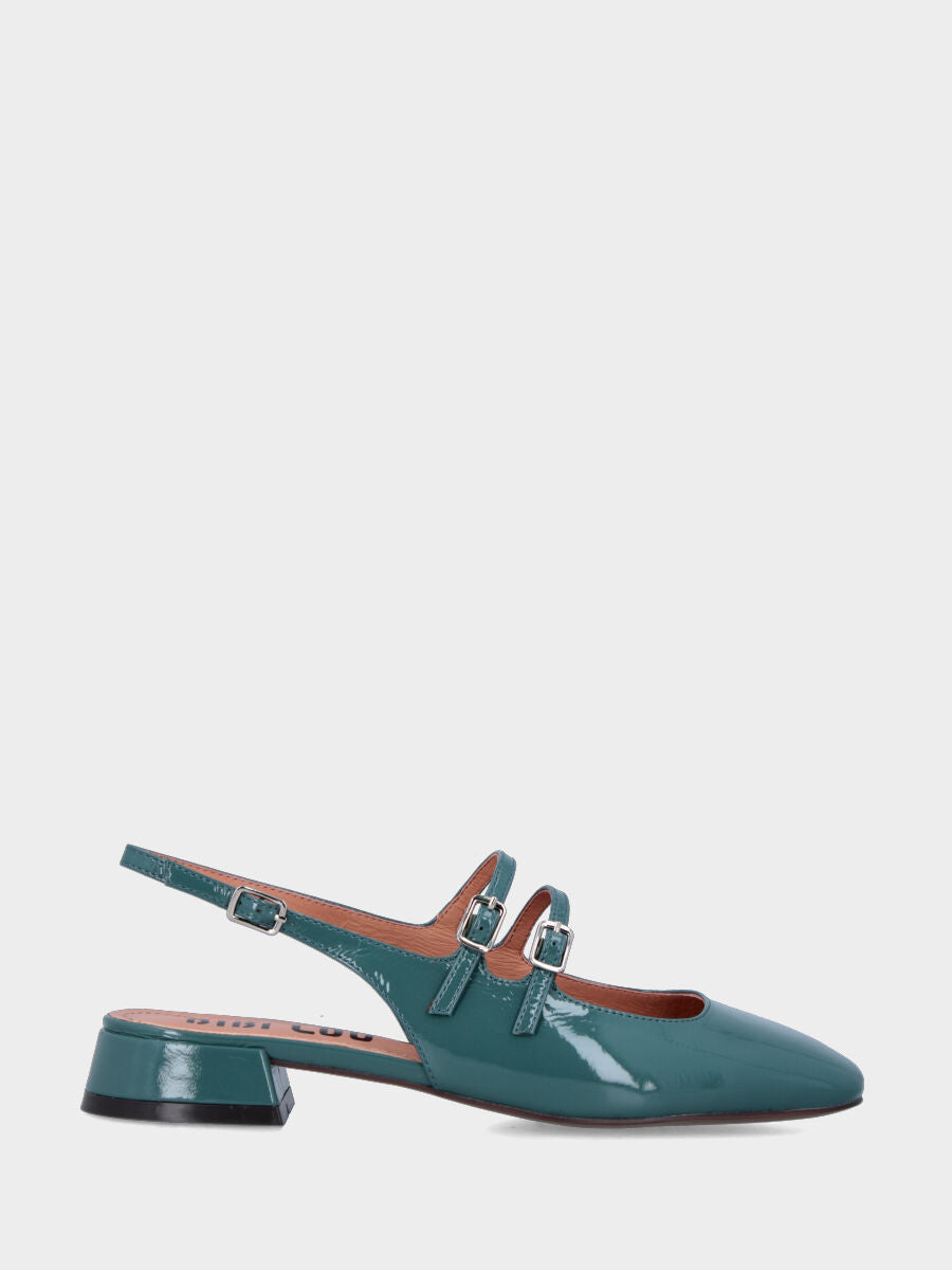 Slingback in vernice ottanio con cinturini e punta stondata