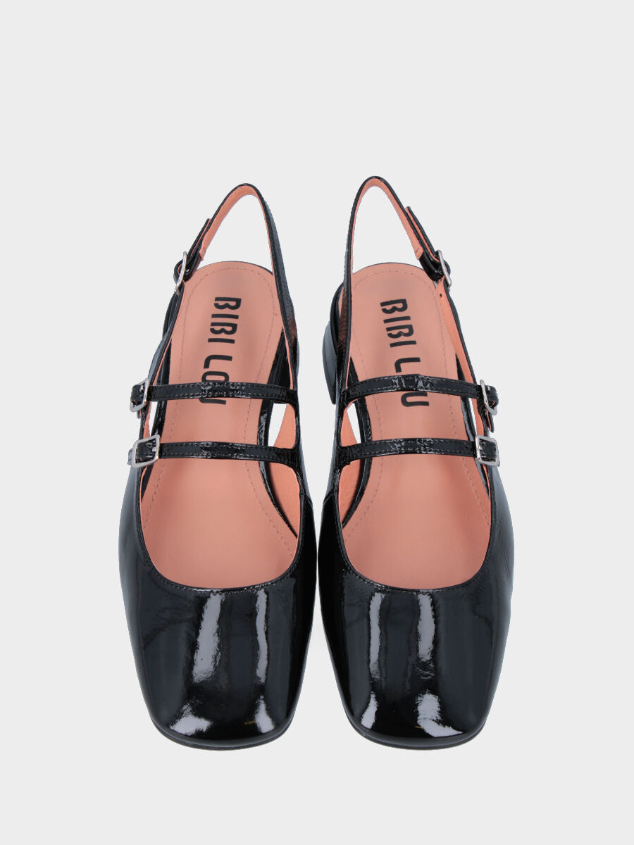 Slingback in vernice nera con cinturini e punta stondata