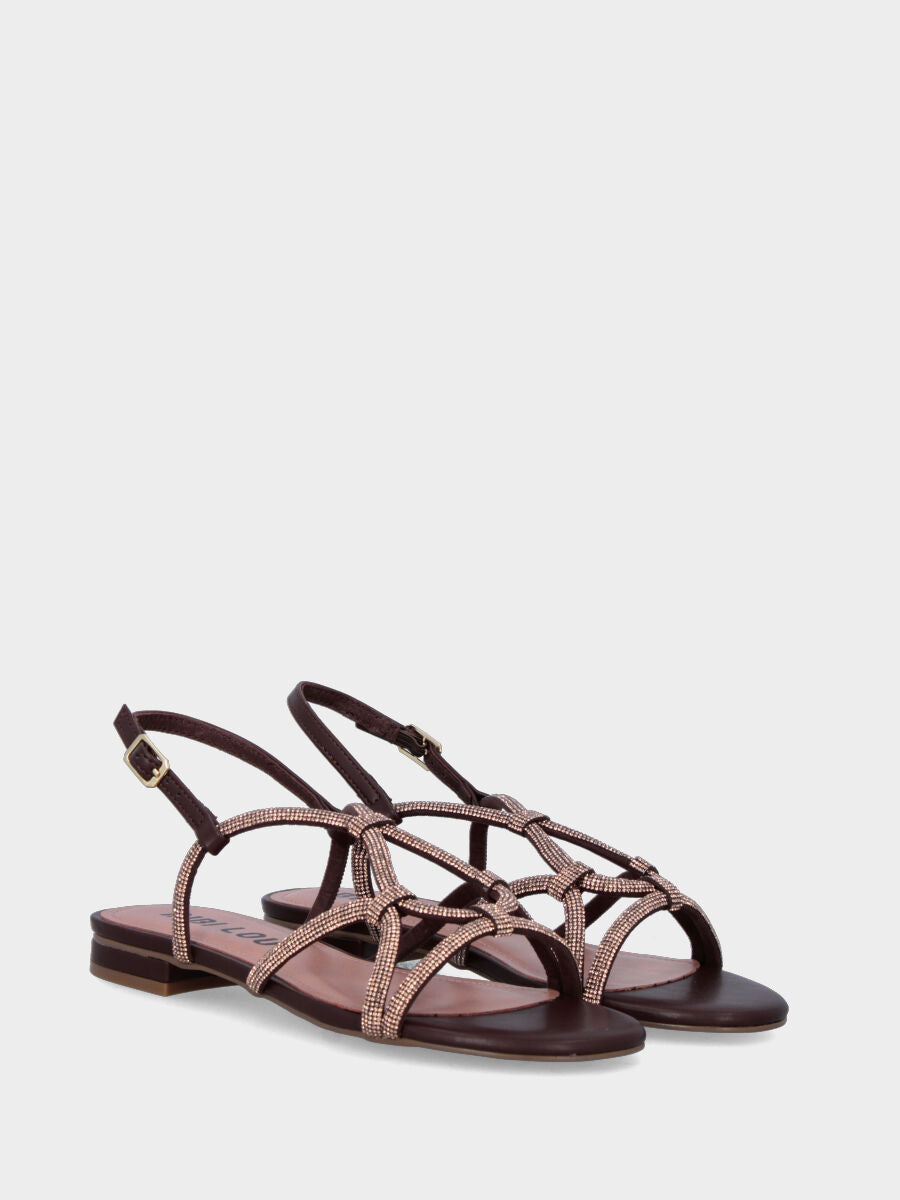 Sandalo in nappa marrone con tacco 10 mm e listini con cristalli