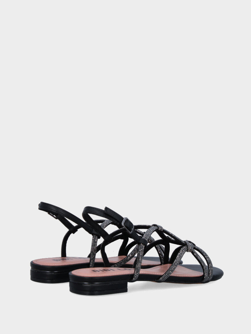 Sandalo in nappa nera con tacco 10 mm e listini con cristalli